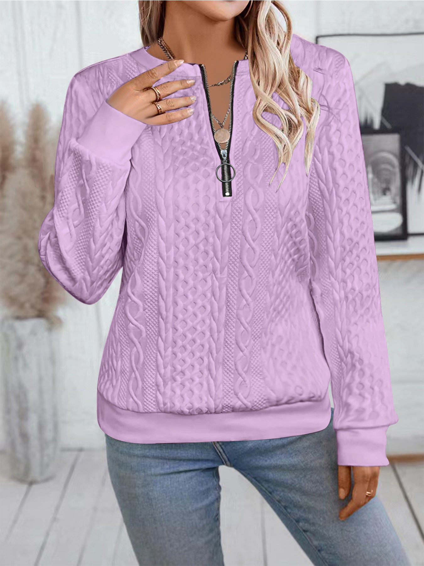Women's Zipper Detail Long Sleeve Sweater Casual Loose Fit Pullover Top