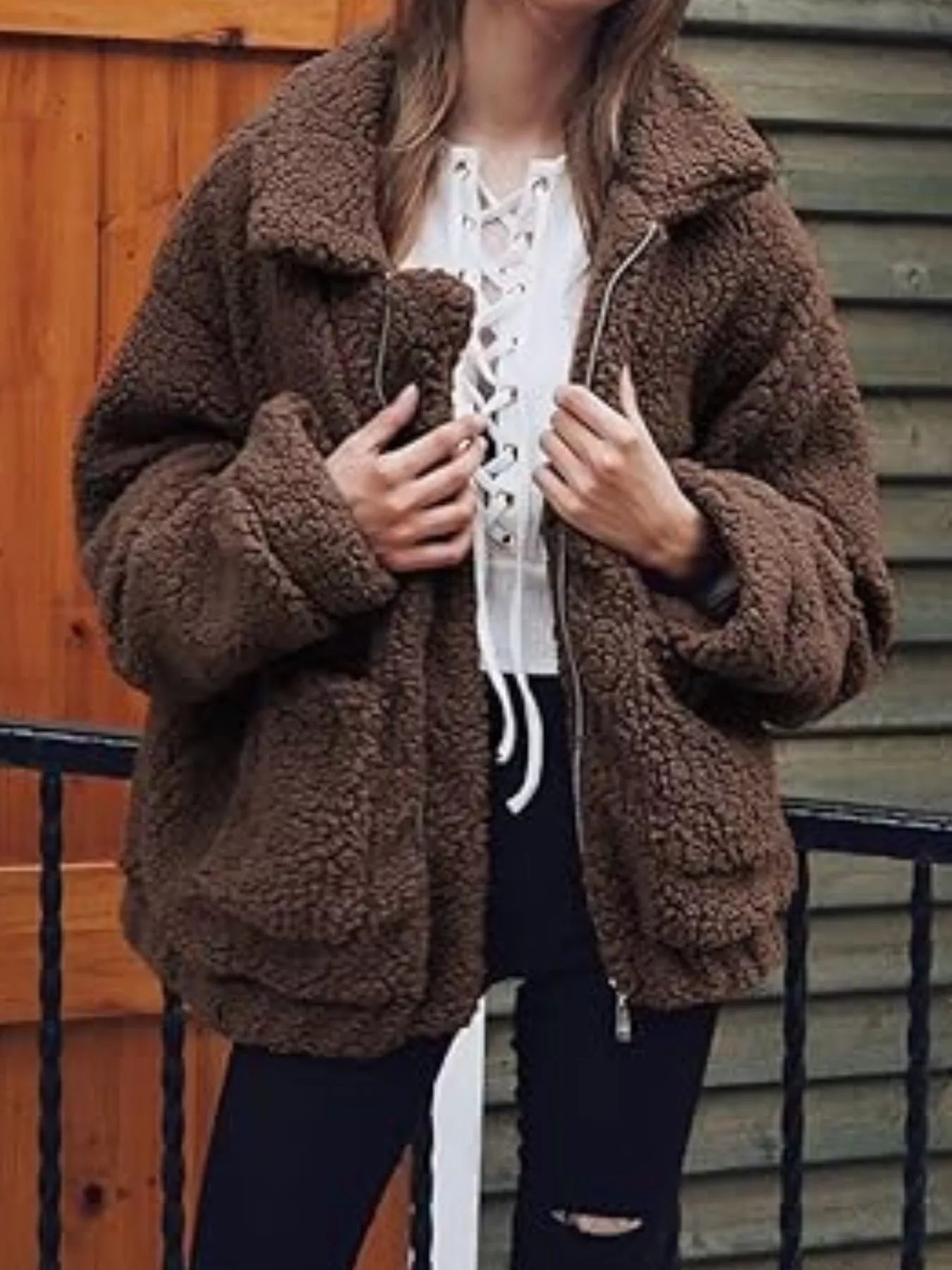 Sarah Express Women's Cozy Fleece Zip Up Jacket Plus Size Coffee Brown