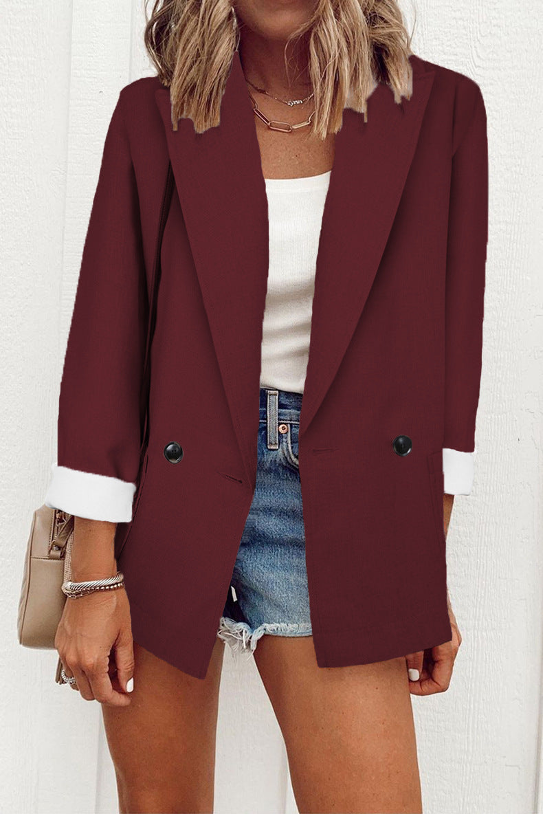 Women's Double-Breasted Blazer Loose Fit Suit Collar Long Sleeve Jacket