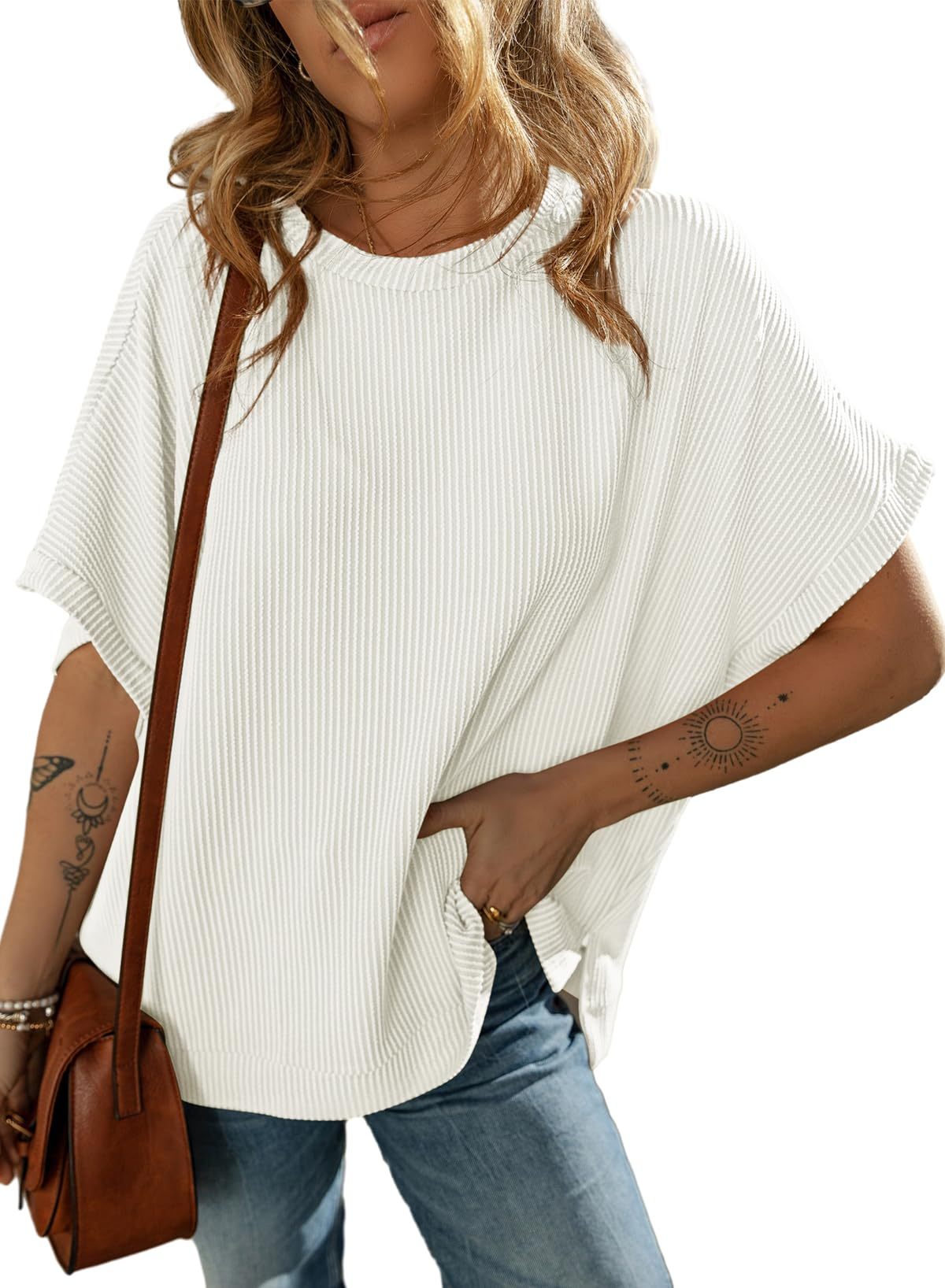 Solid Color Knitted T-Shirt Women's Half Sleeve Loose Casual Pullover Top
