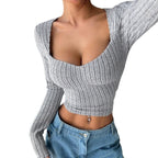 Women's Cropped Long Sleeve Striped Brushed Top