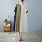 Women's Cotton Linen Contrast Paneled Dress Loose Fit Half Sleeve Midi Literary Style