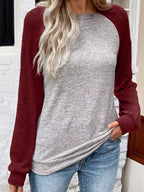 Sarah Express Women's Color Block Raglan Long Sleeve T-Shirt Burgundy
