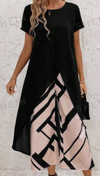 Women's Asymmetric Hem Top and Print Pants Two-Piece Casual Set