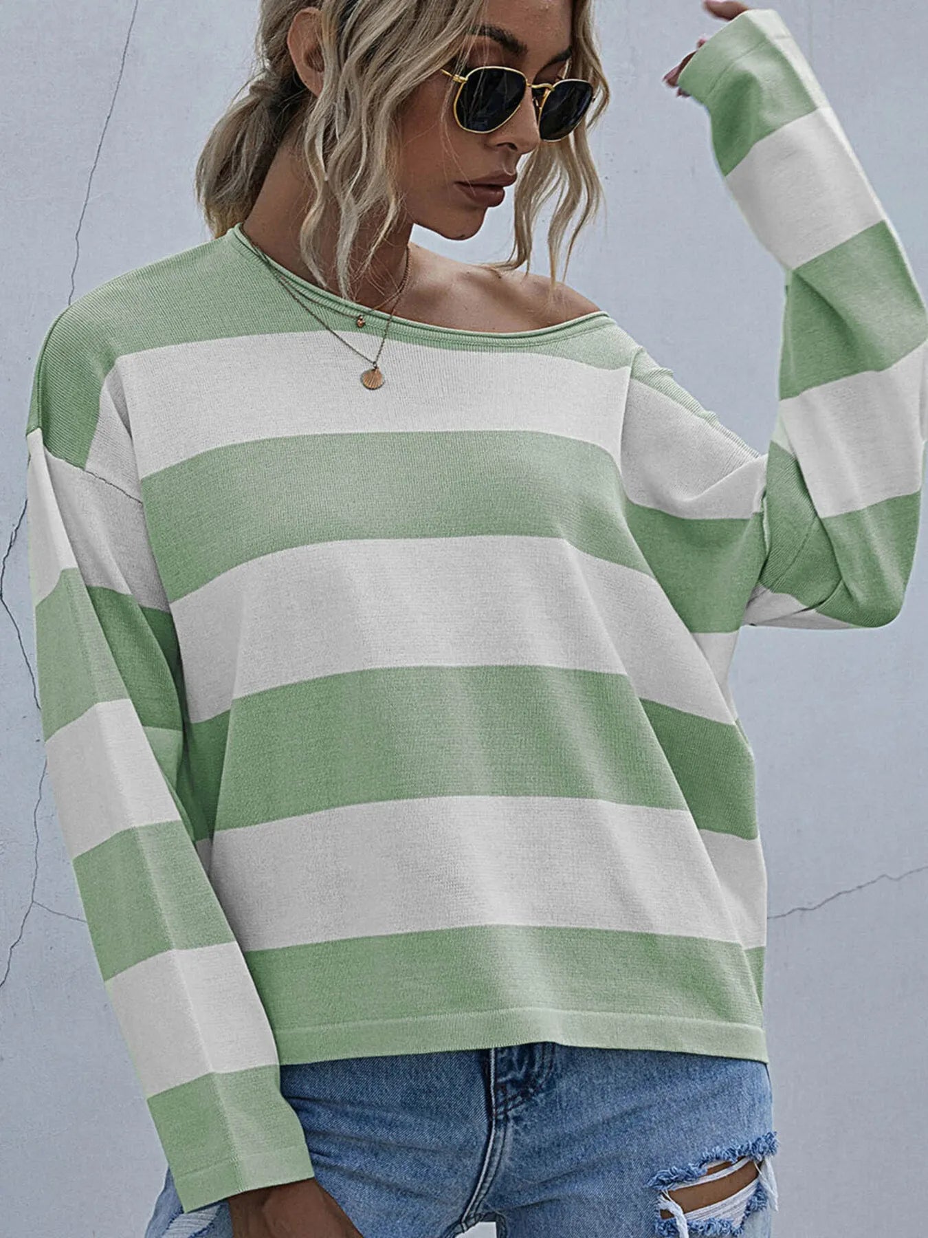 Sarah Express Women's Striped Casual Long Sleeve Knit Top Green