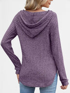 Sarah Express Women's Ribbed Knit Button Detail Hooded Top