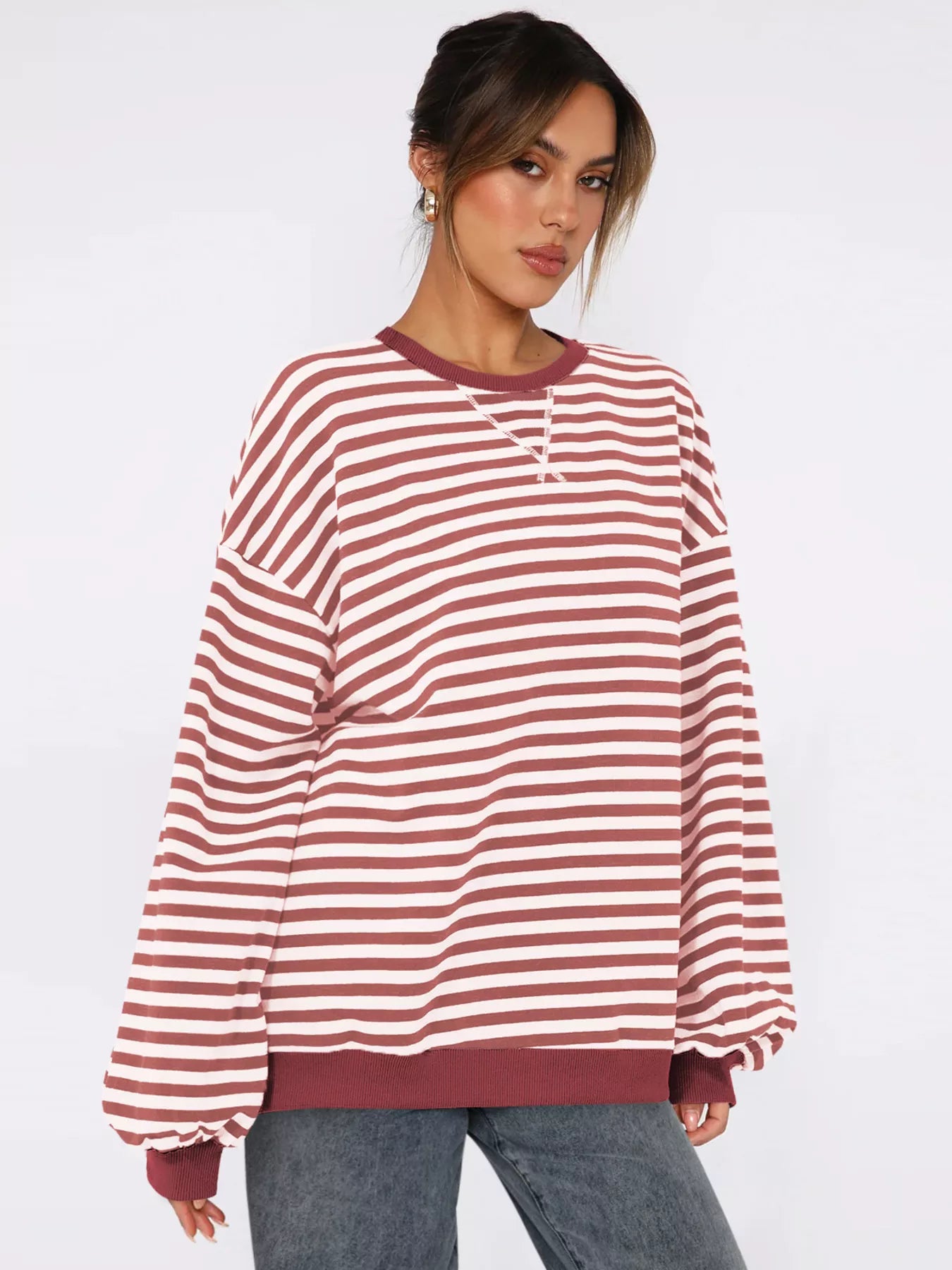 Sarah Express Women's Striped Round Neck Long Sleeve Sweatshirt Scarlet