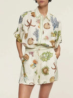 Sarah Express Women's Printed Button Up Shirt and Shorts Set Beige