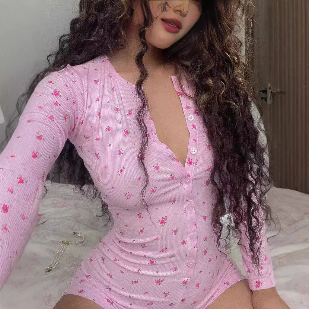 Floral V-Neck Double Breasted Long Sleeve Romper Shorts Jumpsuit