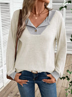 Sarah Express Women's Ribbed Knit Two-Tone Button Front Top