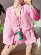 Sarah Express Women's Tie Front Long Sleeve Top and Shorts Set Blush Pink