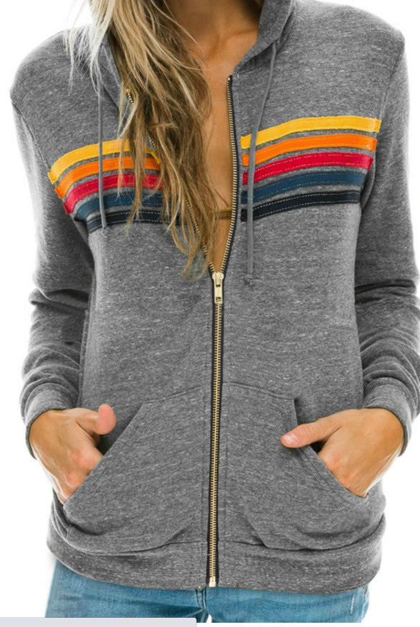 Women's Rainbow Stripe Contrast Color Sweater Jacket Cardigan