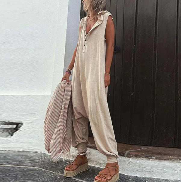 Button-Front Hooded Sleeveless Jumpsuit with Trousers