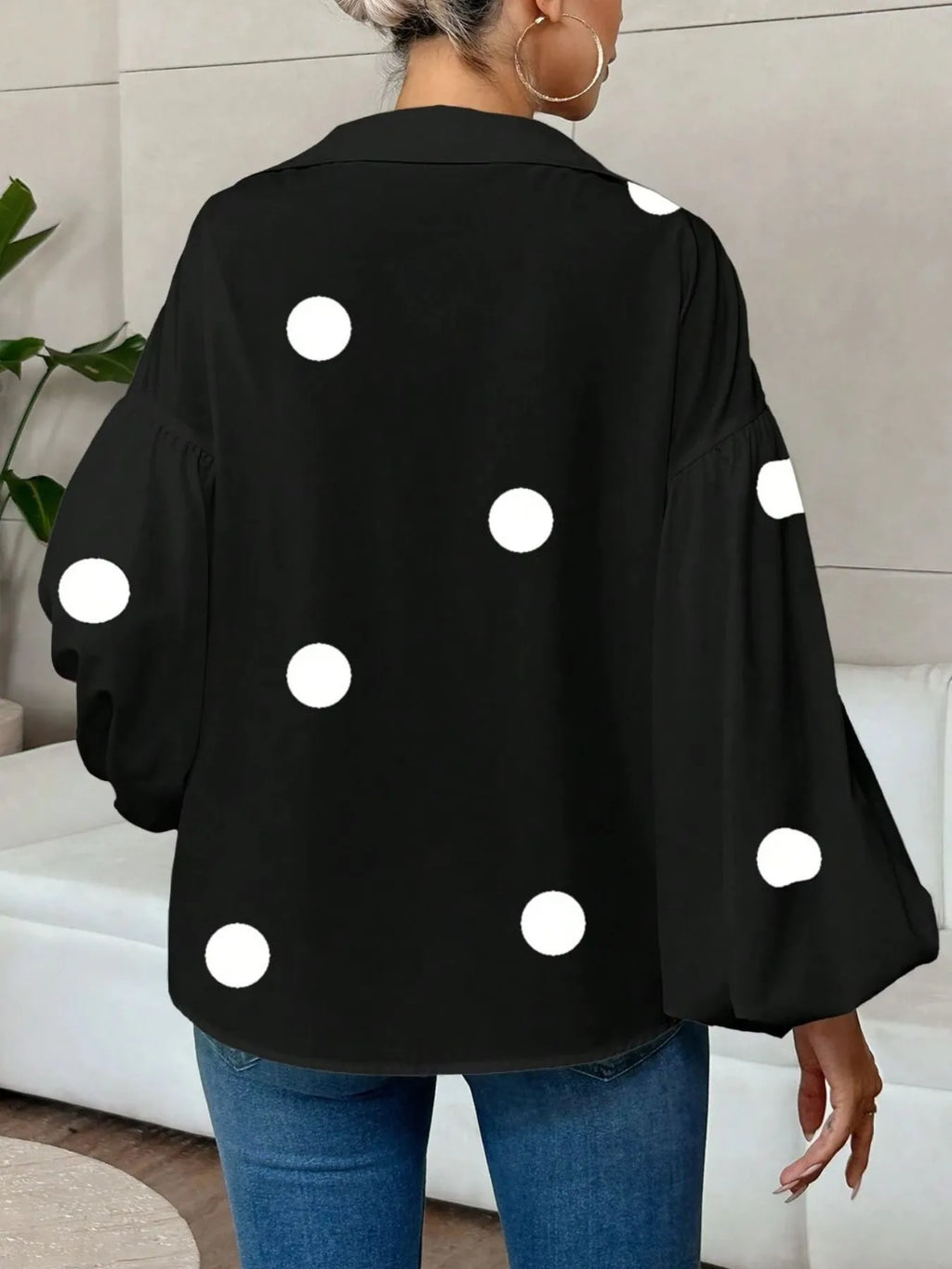 Sarah Express Women's Polka Dot Balloon Sleeve Blouse - Oversized Button-Up Top