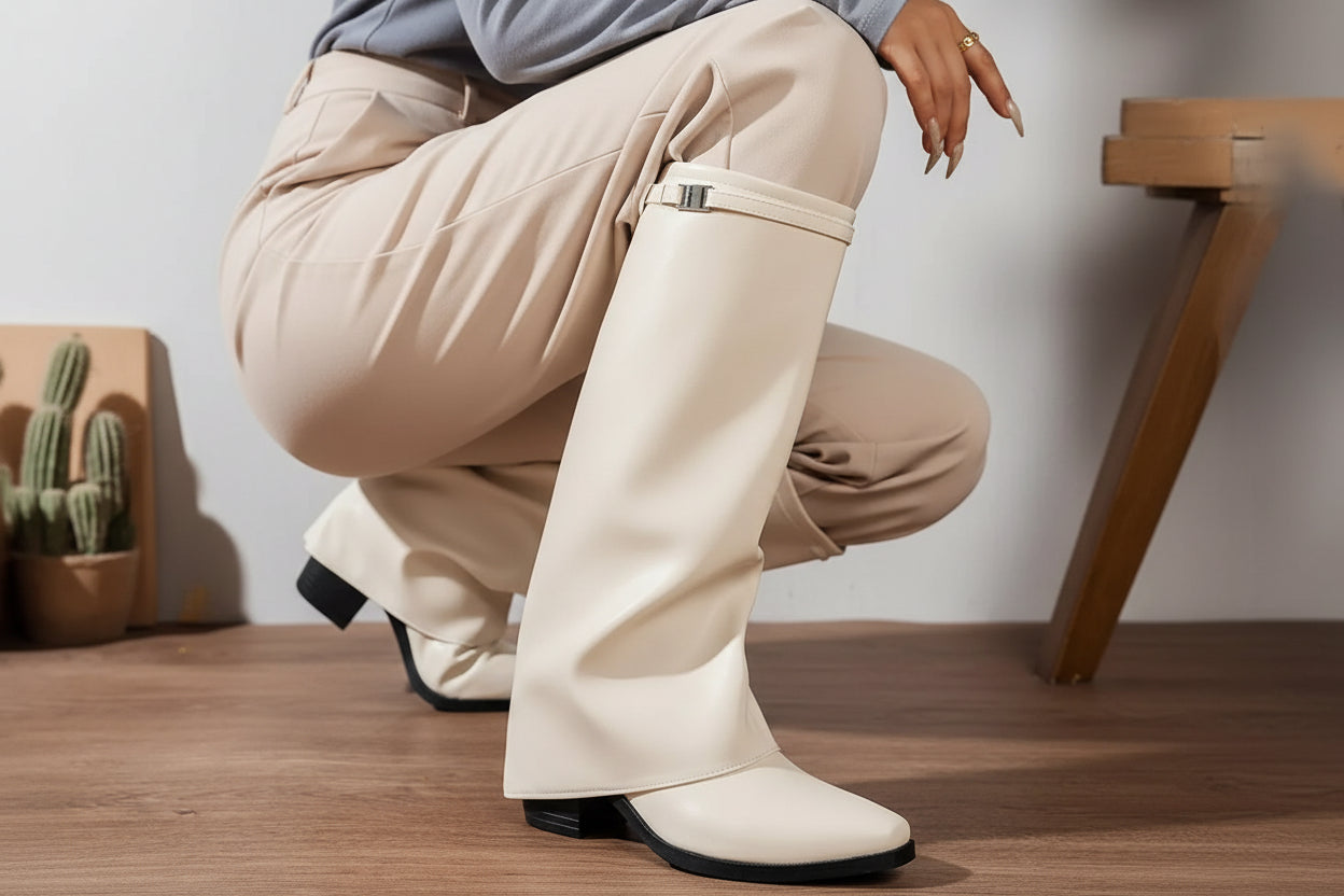 Sarah Express Women's Knee-High Block Heel Boots | Stable Block Heel | PU Leather | Black & Beige
