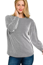 Full Size Raised Rib Round Neck Long Sleeve Top Plus Size
