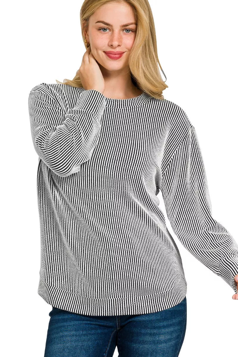 Full Size Raised Rib Round Neck Long Sleeve Top Plus Size