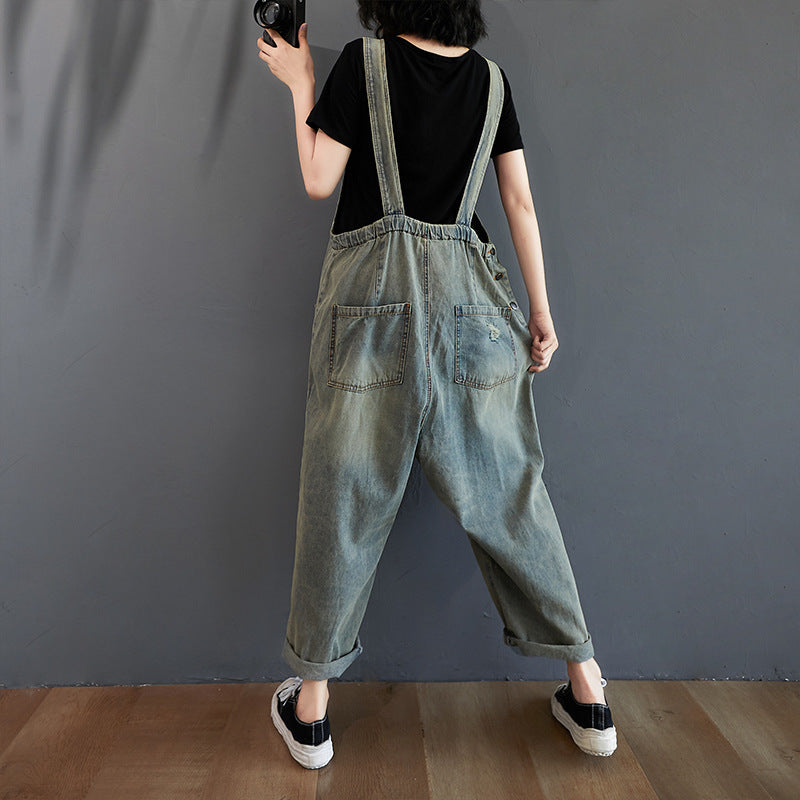 Ripped Denim Overalls Women Retro Light Wash Cotton Summer