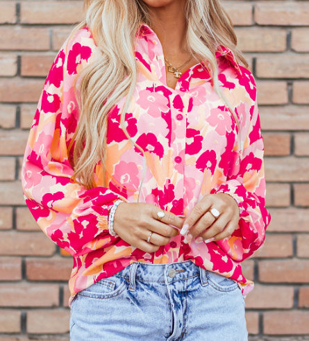 Women's Floral Print Puff Sleeve Button-Down Shirt Polyester Pink