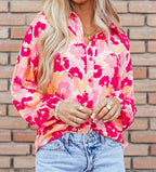 Women's Floral Print Puff Sleeve Button-Down Shirt Polyester Pink