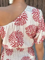 One Shoulder Printed Dress Red Asymmetric A-Line Party Dress