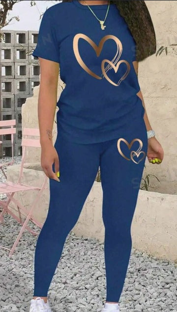 Women's Heart Print T-Shirt Leggings Matching Set Short Sleeve