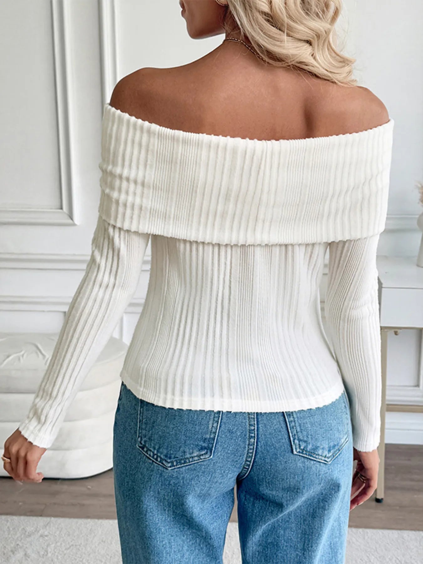 Sarah Express Women's Off-Shoulder Ribbed Knit Top - Stretchy Long Sleeve Sweater