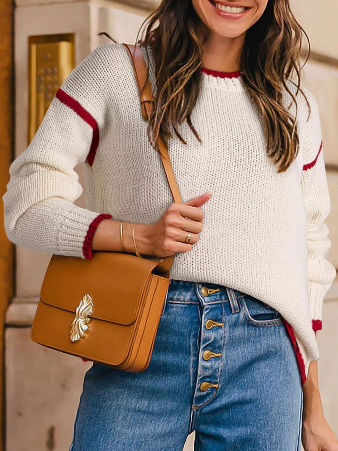 Sarah Express Women's Contrast Trim Long Sleeve Sweater Ivory