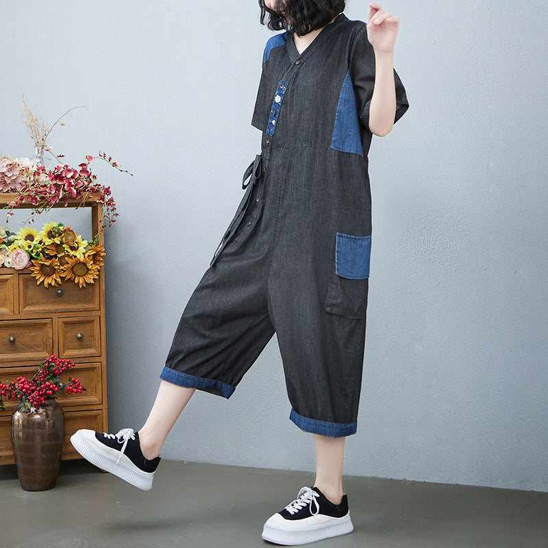 Drawstring Denim-Style Jumpsuit Wide Leg Cropped One Size
