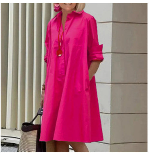 Women's Polo Collar Shirt Dress Long Sleeve Mid Length Cotton Blend Casual