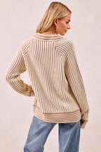 Sarah Express Women’s Two Tone Ribbed Sweater with Half Button Collar