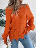 Sarah Express Women's Distressed Hem Openwork Off-Shoulder Sweater Orange