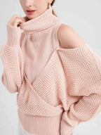 Sarah Express Women's Waffle Knit Cold Shoulder Turtleneck Sweater Pink