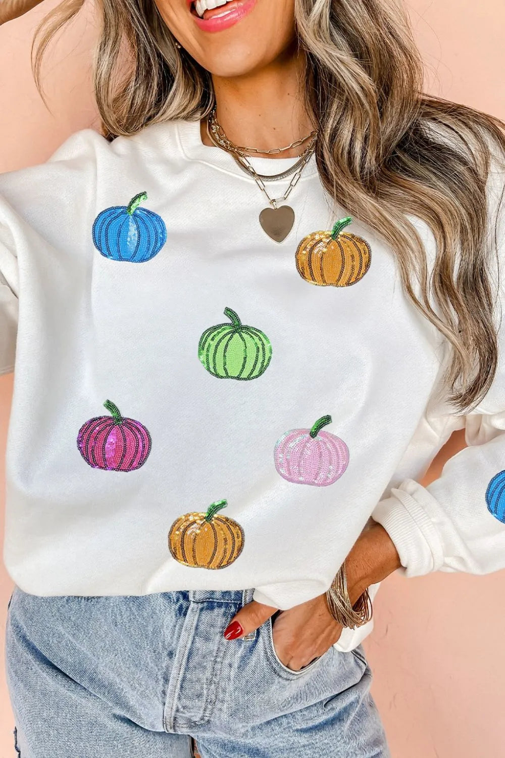 Sarah Express Women's Pumpkin Round Neck Long Sleeve Sweatshirt