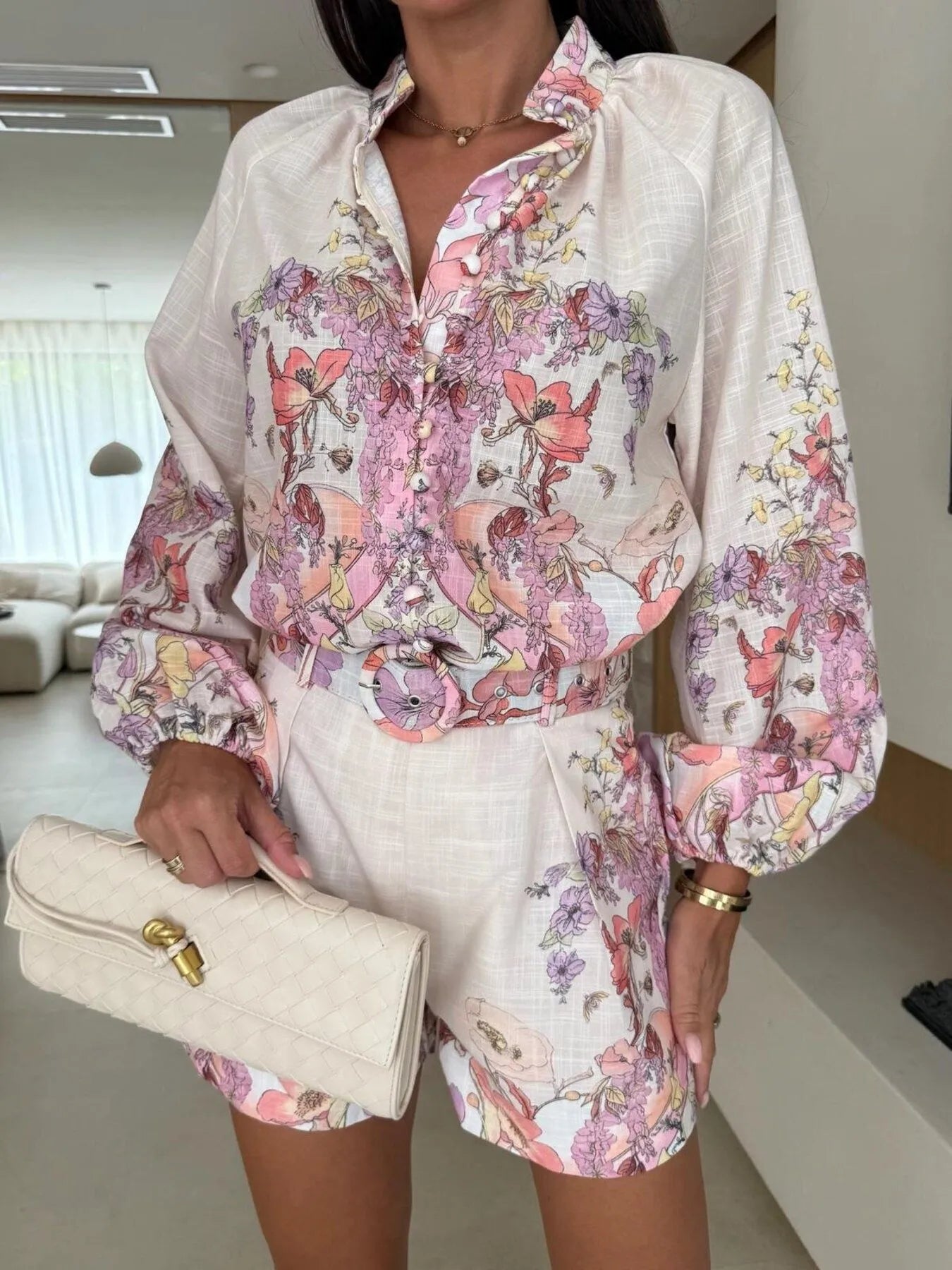 Sarah Express Women's Printed Long Sleeve Shirt and Shorts Set Pink