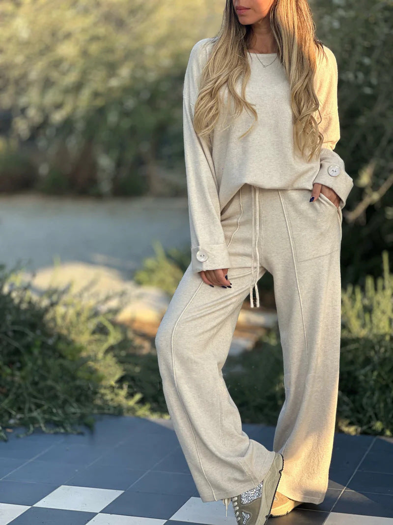 Women's Two-Piece Matching Set Long Sleeve Top Wide Leg Pants