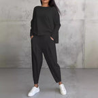 Women's Long Sleeve Round Neck Top and Harem Pants Two-Piece Casual Set