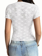 Sarah Express Women's Lace Short Sleeve T-Shirt with Bow Detail