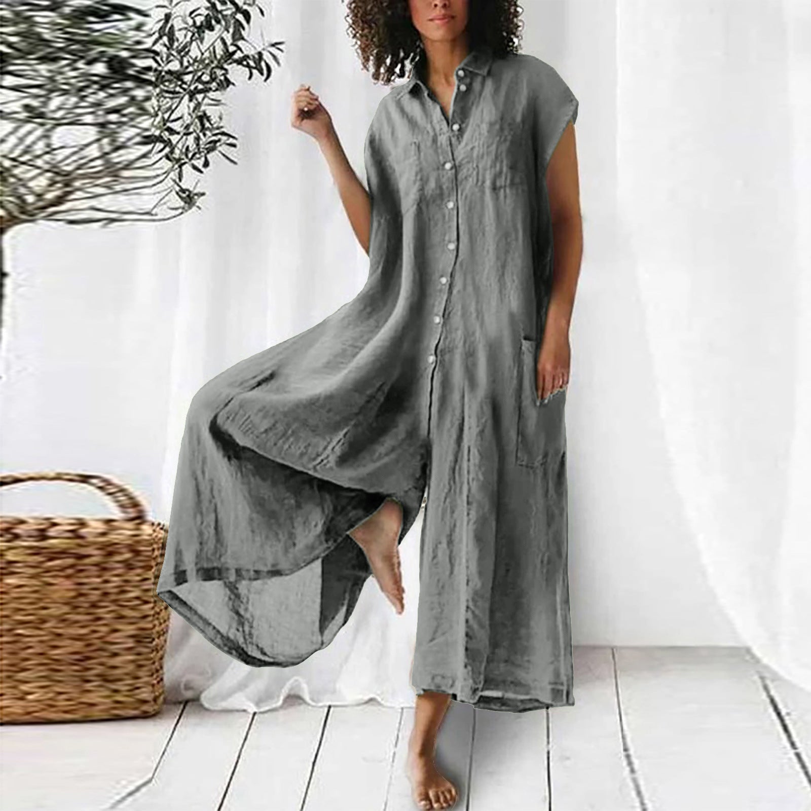 Short Sleeve Mid-Length Linen Jumpsuit Casual