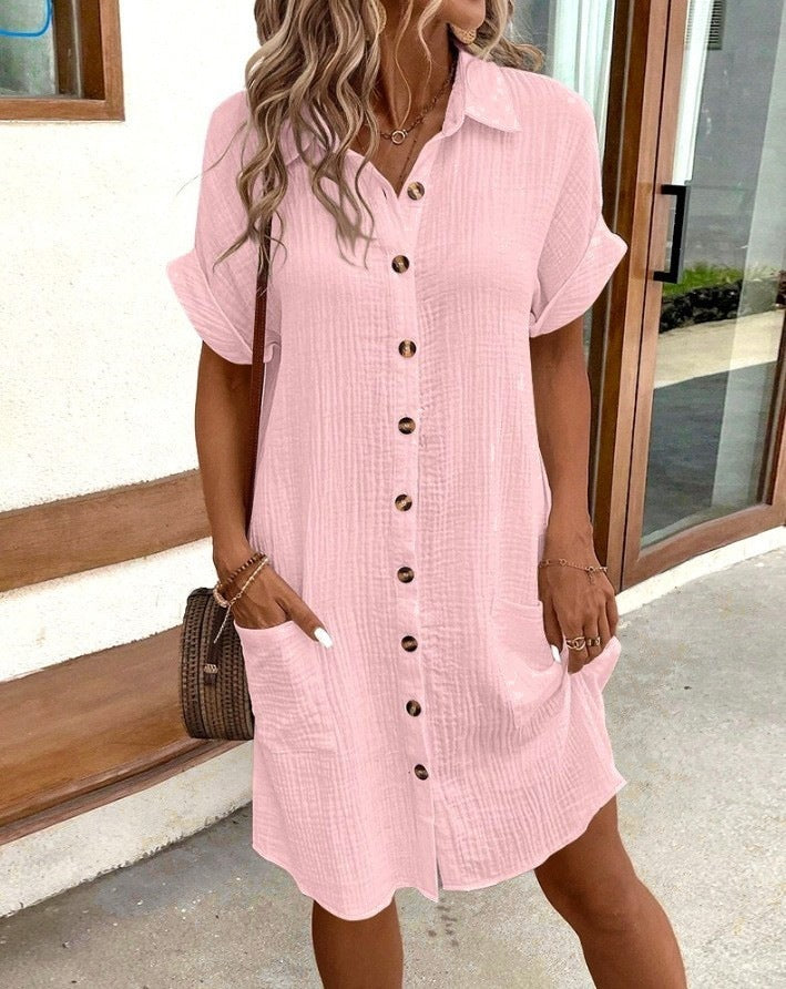 V-Neck Button Front Shirt Dress - A-Line Short Sleeve Women's Dress