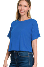 Sarah Express Women’s Ribbed Round Neck Cropped T-Shirt Casual