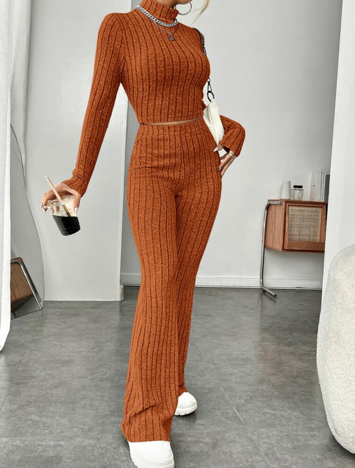 Women's Turtleneck Top and Wide Leg Pants Two-Piece Set Cotton Loungewear Suit