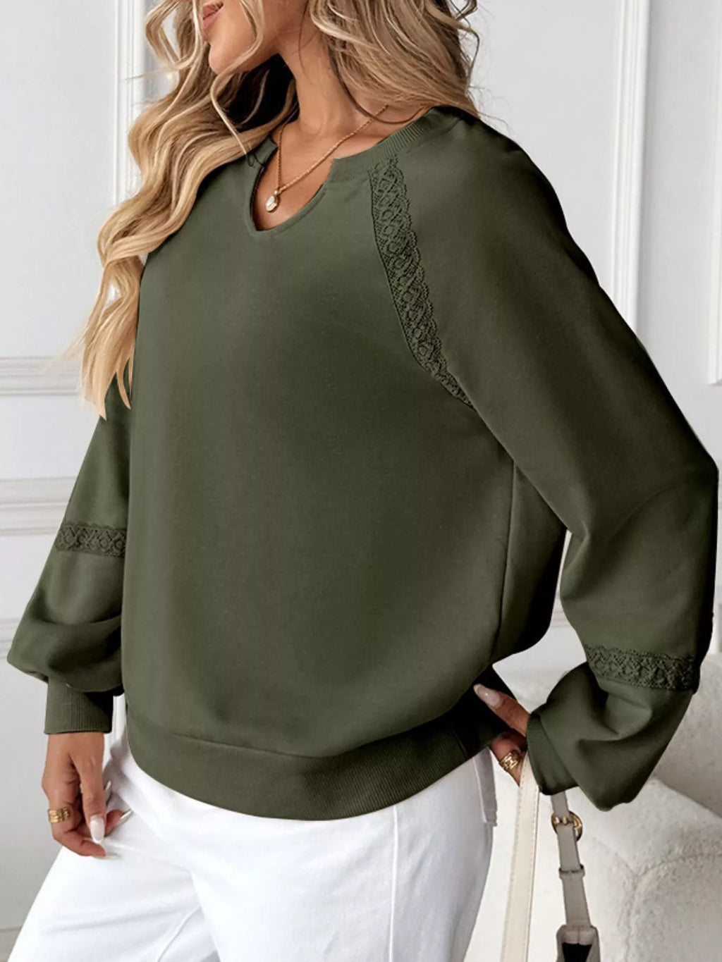 Sarah Express Women's Notched Raglan Sleeve Sweatshirt with Lace Detail