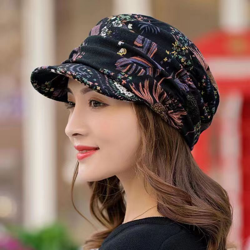 Floral Print Duck Cap Dome Hat Short Brim with Neck Protection
