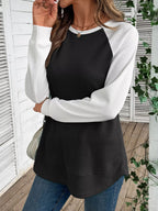 Sarah Express Women's Contrast Raglan Sleeve Waffle Knit T-Shirt Black