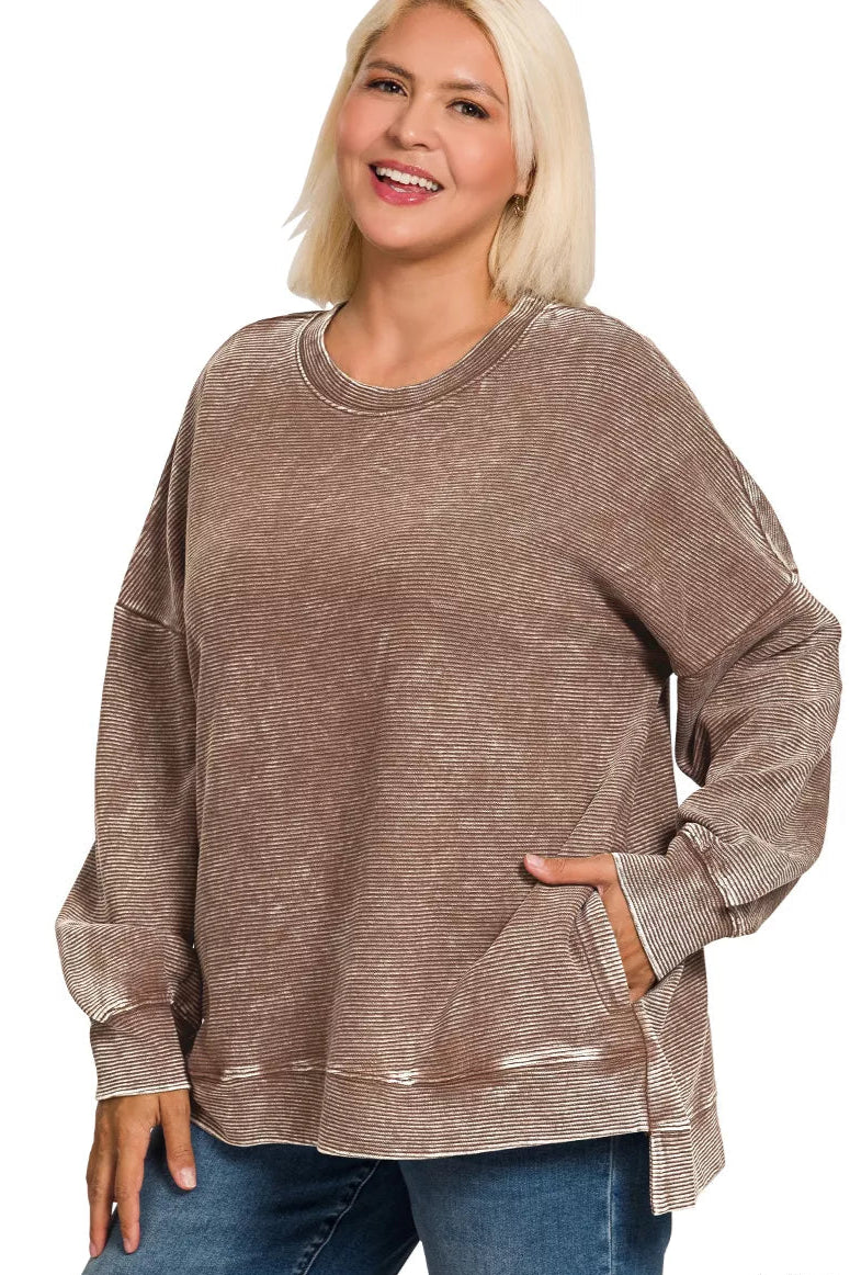 Sarah Express Women’s Plus Size Acid Wash Ribbed Sweatshirt with Hi-Low Hem
