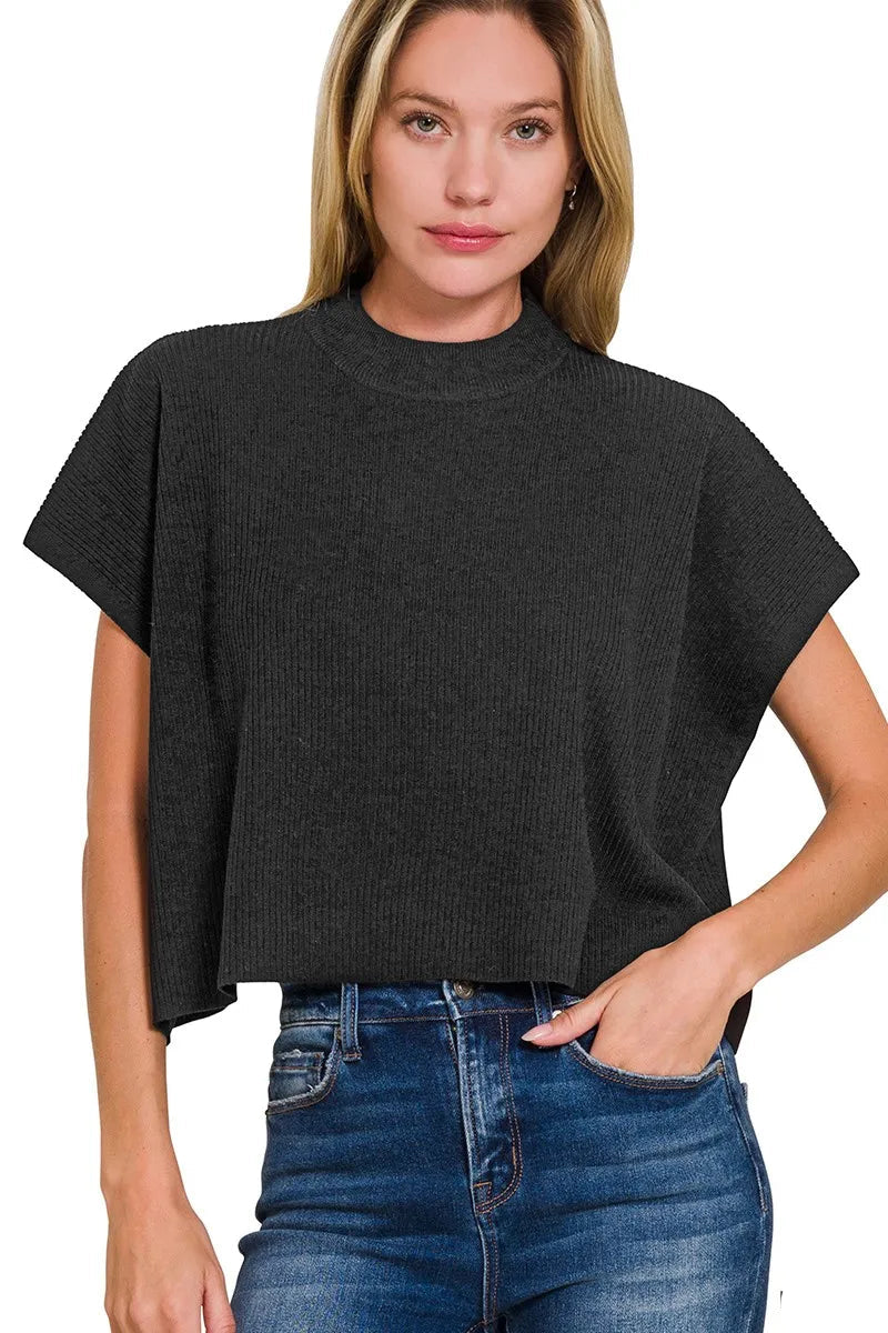 Sarah Express Women’s Boxy Mock Neck Short Sleeve Sweater Casual Spring Summer
