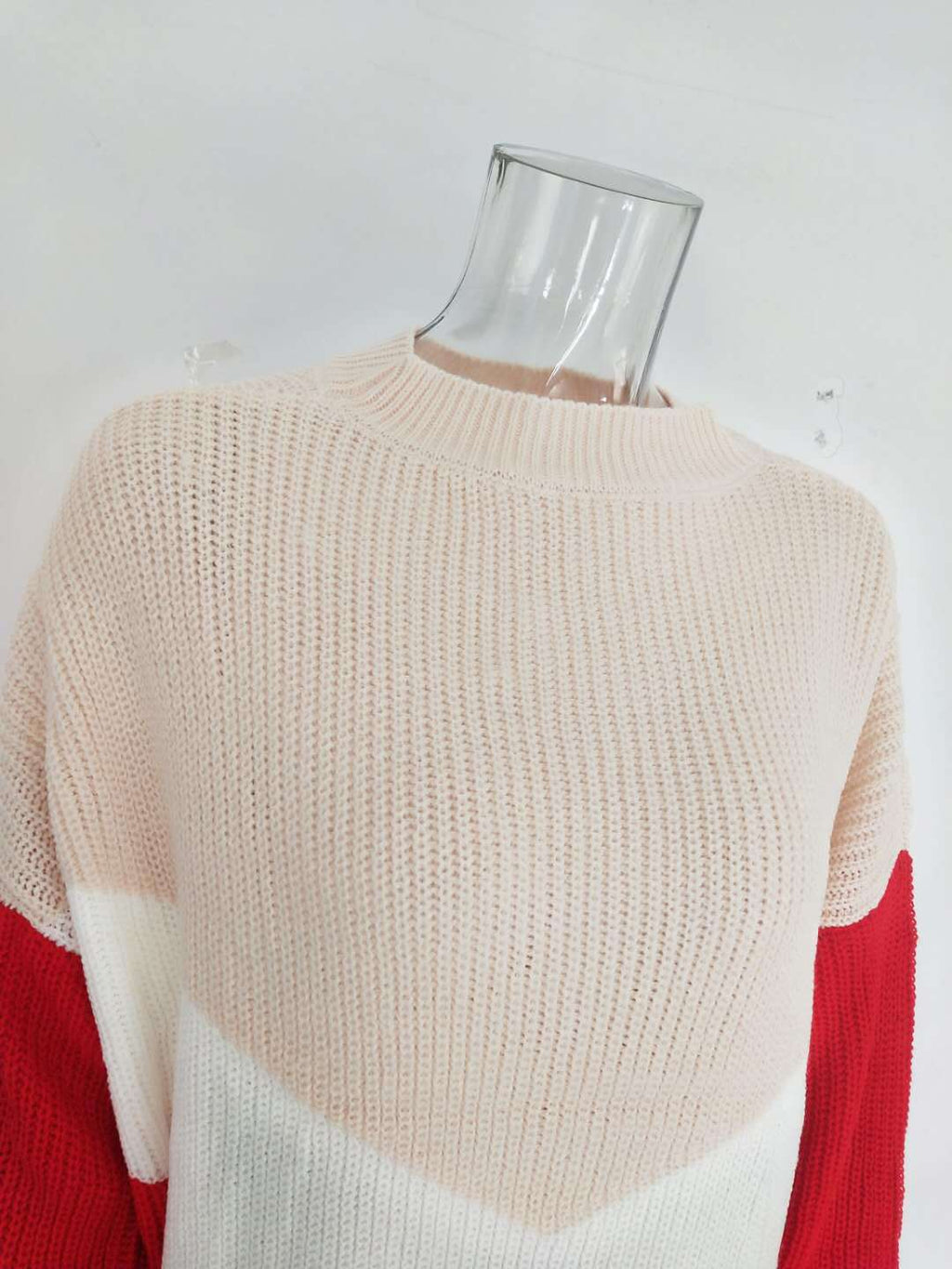 Tricolor Patchwork Knit Sweater Color Block Acrylic