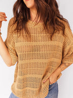 Sarah Express Women's Hollow Out Openwork Knit 3/4 Sleeve Sweater