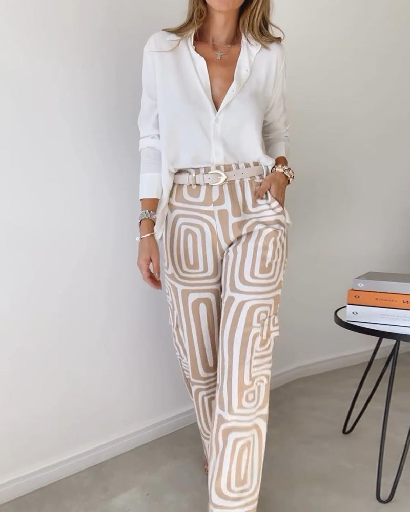 Women's 2-Piece Suit Set Lapel Shirt Wide Leg Pants Printed